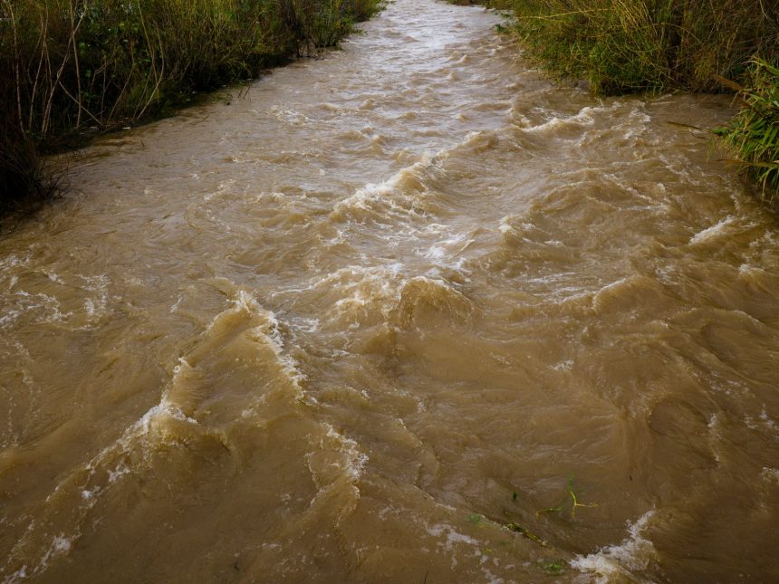 Rio barrento correndo com força por uma paisagem natural após chuvas intensas, com sinais de erosão nas margens