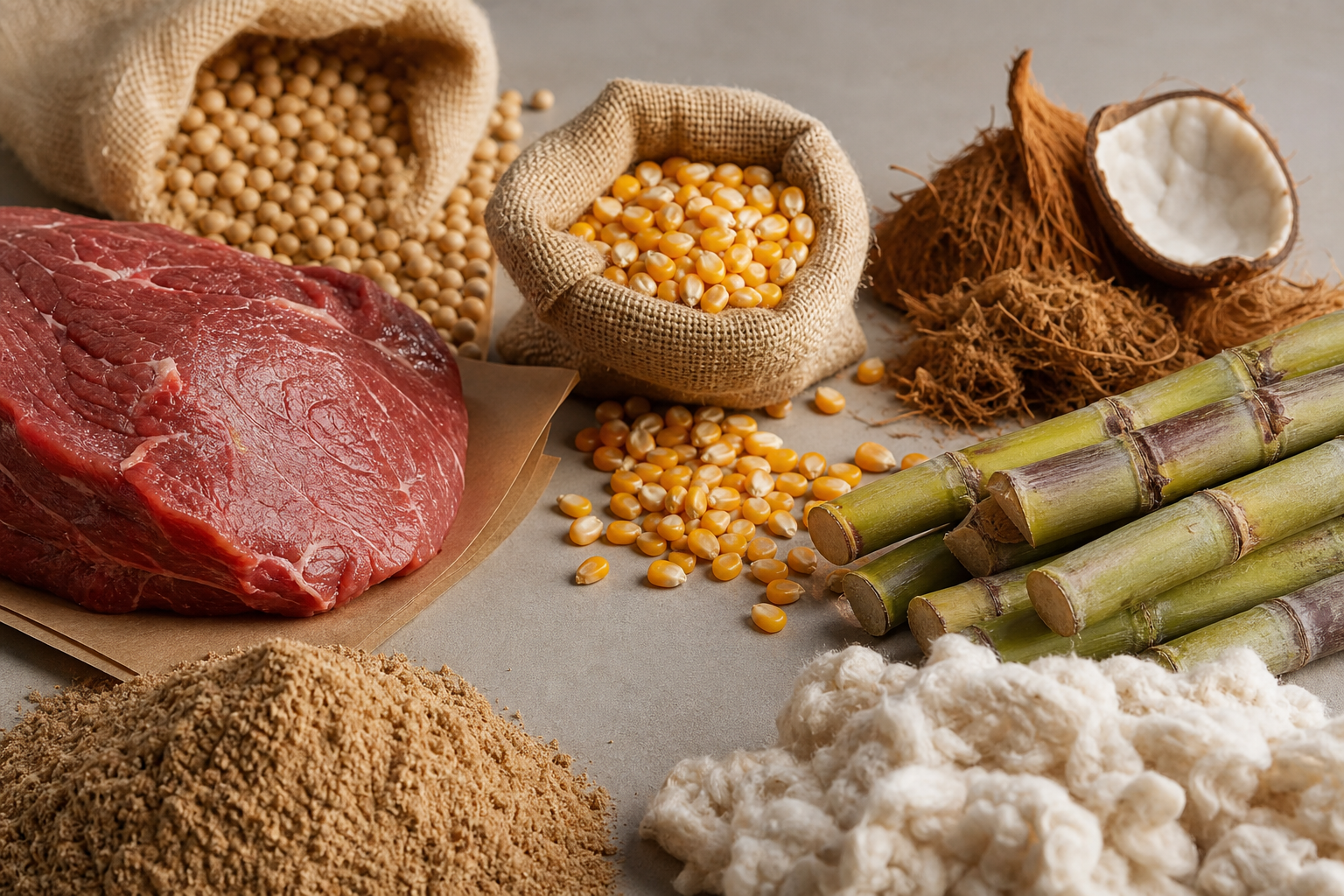 Produtos agropecuários brasileiros representados em composição editorial com grãos, carnes e fibra vegetal, sem textos ou logotipos